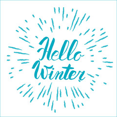 Hello winter text. Vector Brush lettering Hello Winter. Vector card design with custom calligraphy. Winter season cards, greetings for social media.