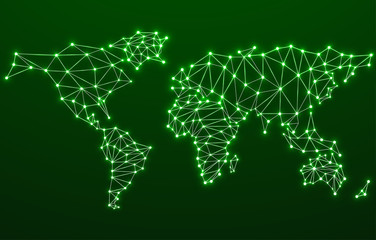 Abstract polygonal world map with glowing dots and lines, network connections. Vector illustration. Eps 10