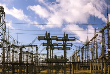 Power plant ,transformation station. Multitude of cables and wir