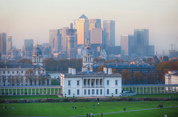 London, UK - October 31, 2015: Panorama Panorama of Canary Wharf in night. View from the Greenwich...