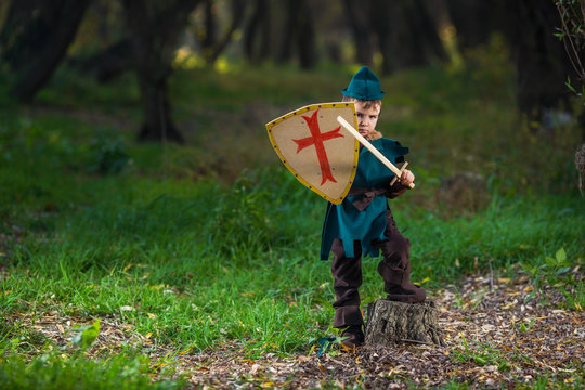 Cute little boy dressed as a knight playing in the forest
