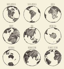 Sketch globe America Africa Europe Asia Australia © TheMountBirdStudio