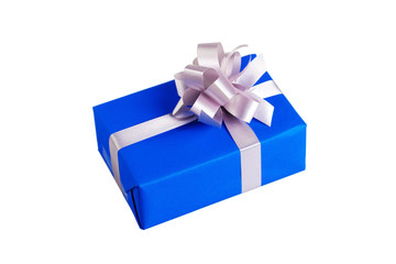 A gift wrapped in blue box with silver ribbon and bow. the most beautiful gift isolated on white background