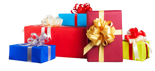 Colorful gift wrapped boxes isolated on white background