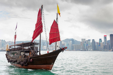 Hong Kong Landscape: Chinese Sailboat on Victoria Harbor