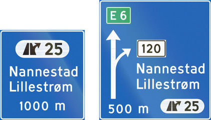 Composite of Norwegian motorway direction signs with destinations