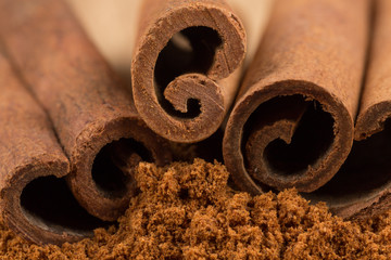 Cinnamon sticks with powder