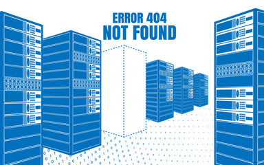 Error 404 Not Found. Vector illustration of the servers in the blue colors on a white background. Design error page for your website.