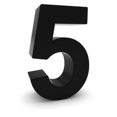 Black 3D Number Five Isolated on white with shadows