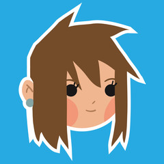 Cartoon girl head flat sticker icon.