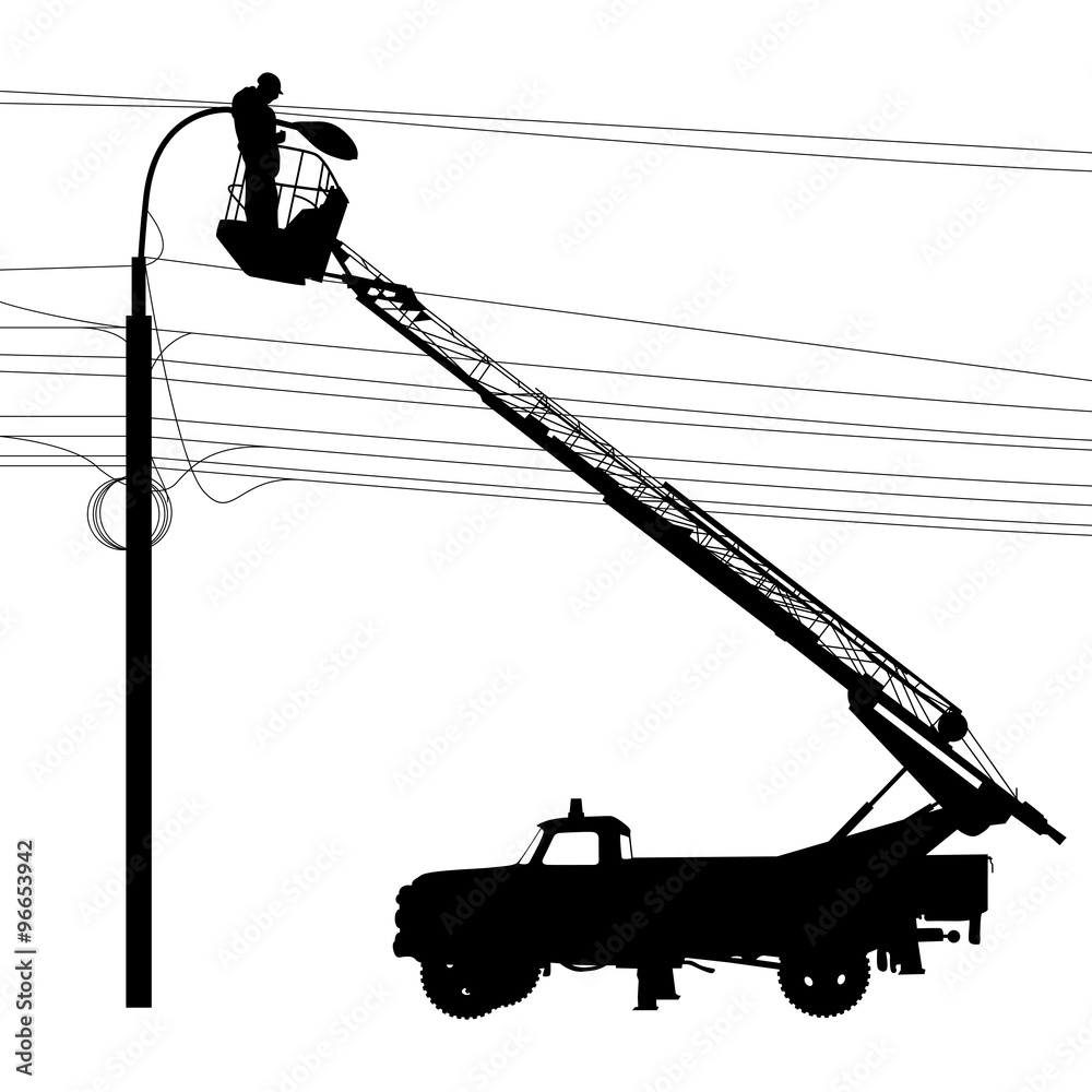 Wall mural electrician, making repairs at a power pole. vector illustration