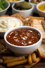 bread snacks and sauces, vertical