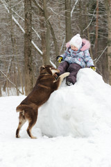 Toddler girl having winter fun on snowy hill with her dog companion