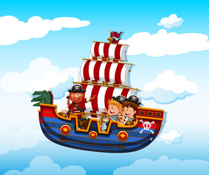 Boy and girl riding on viking with pirate