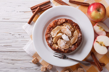 Dutch baby pancake with apple closeup.  horizontal top view
