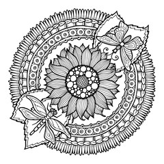 Circle summer doodle flower in mandala. 