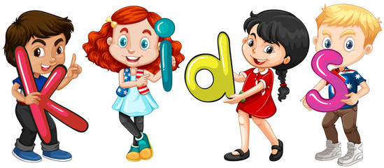 Boys and girls holding alphabets