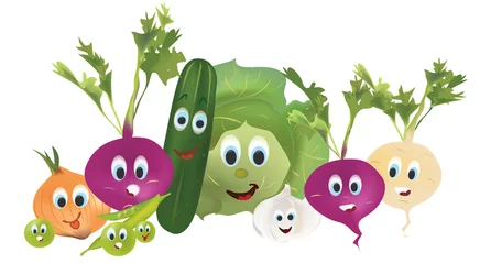 Fotobehang Illustration Collection of Animated Vegetables Cucumber , Onions, Cabbage, Turnip, Garlic, Beet, and Beans Characters with Facial Expressions. 3D Set of Vector Vegetables © aleksa_d