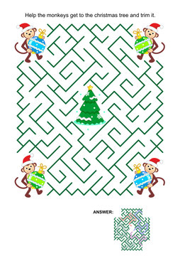 Christmas or New Year maze game: Help the monkey Santa helpers get to the christmas tree and decorate it. Answer included.