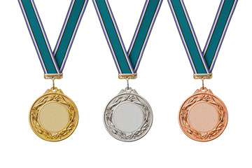 Set of gold, silver and bronze medals with ribbons isolated on white background.