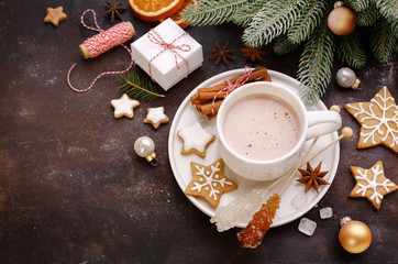 Homemade gingerbread cookies and hot chocolate