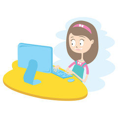 Happy Girl Using Computer Vector Illustration.EPS10