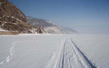 Winter road along the lake Baikal