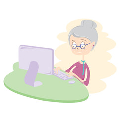 Happy Old Woman Using Computer Vector Illustration.EPS10