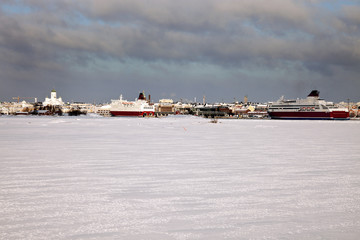 Harbour in Helsinki from frozen Baltic Sea