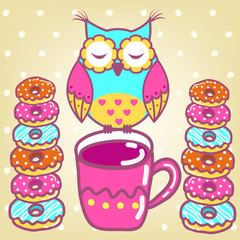 Sample cards with an owl, with cups and cakes