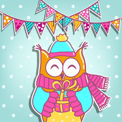 Sample cards with an owl, with with a gift