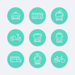 City transport, train, bus, bike, taxi, line round aquamarine icons, vector illustration