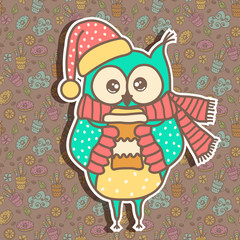 Sample cards with an owl, with cups