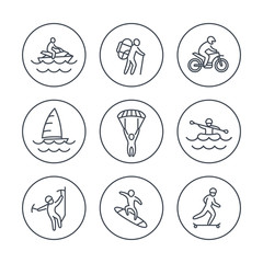 extreme outdoor activities line icons in circles, vector illustration