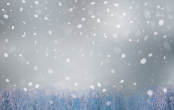 Vector winter landscape, snowfall sky and forest background.