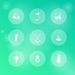 Golf, golf clubs, car, golfer, round transparent icons, vector illustration