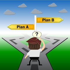 metaphor humour design , plan a - plan b choice road sign concep