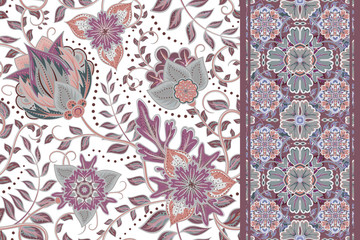 Seamless floral backgrounds and border. Set of vector patterns with fantasy flowers