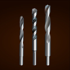 Vector illustration depicting realistic drill bit on a dark background. Set of three pieces.