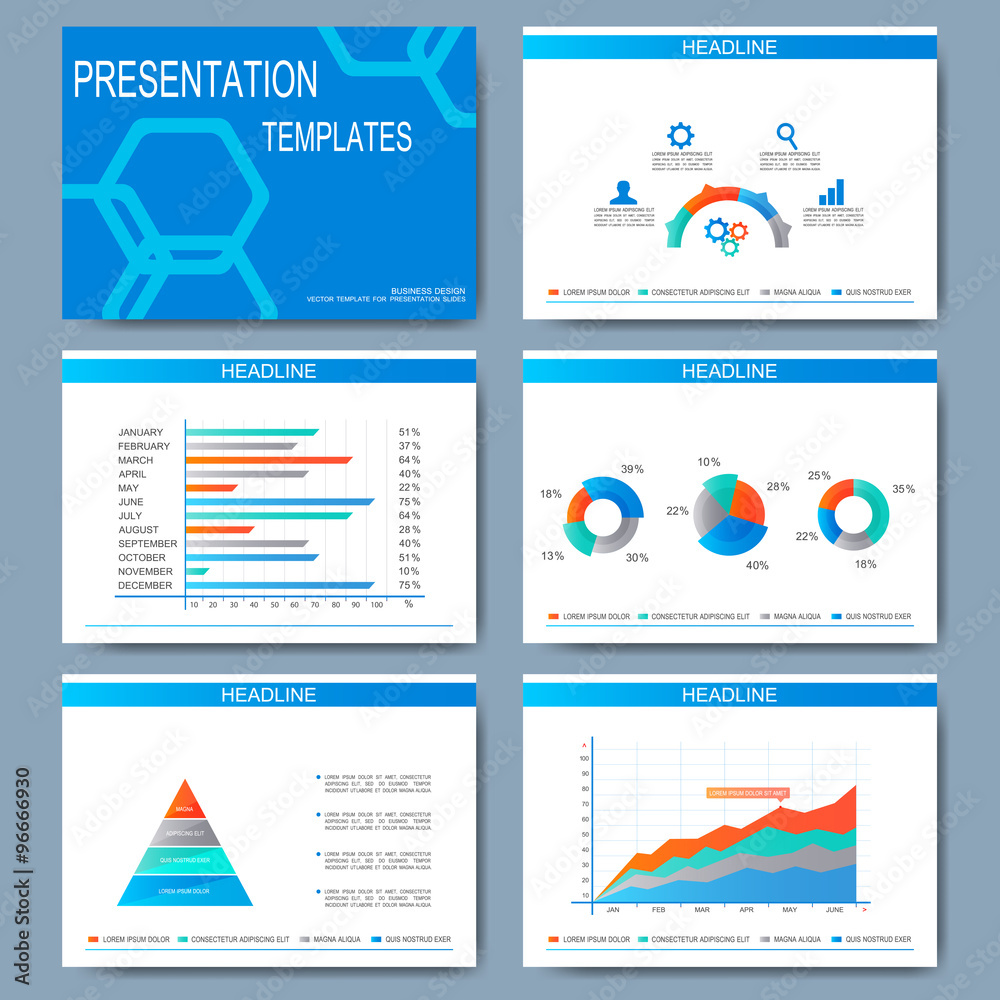 Aufkleber Set of vector templates for presentation slides. Modern business design with graph and charts