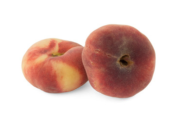 Golden paraguayos flat peaches isolated on white background. Isolated fruits series.
