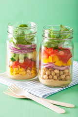 healthy vegetable chickpea salad in mason jar