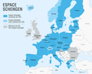 Fototapeta premium Carte de l'Espace Schengen (Textes en français)