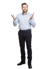 adult male with a beard. isolated on white background. open posture. legs apart. palm upwards. foot forward
