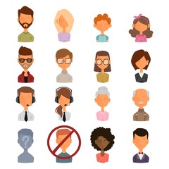 Set of people portrait face icons web avatars flat style silhouette