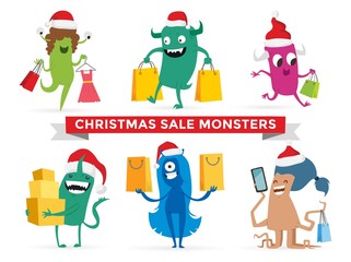 Cartoon cute monsters Christmas sale shopping vector