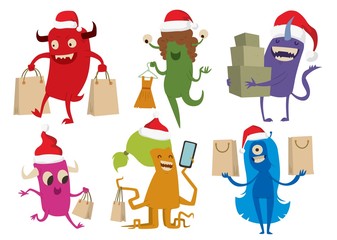 Cartoon cute monsters Christmas sale shopping vector