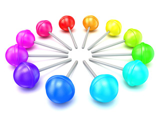 Obraz premium Colorful lollipops, circle arranged. 3D render illustration isolated on white background