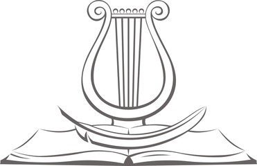education muse harp book and feather logo