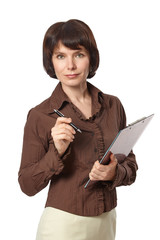 Beautiful business woman with pen and clipboard